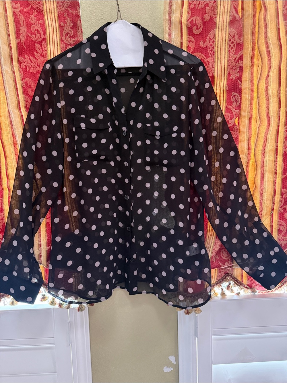 Coldwater Creek Black Sheer Button-Up Blouse with White Polka Dots